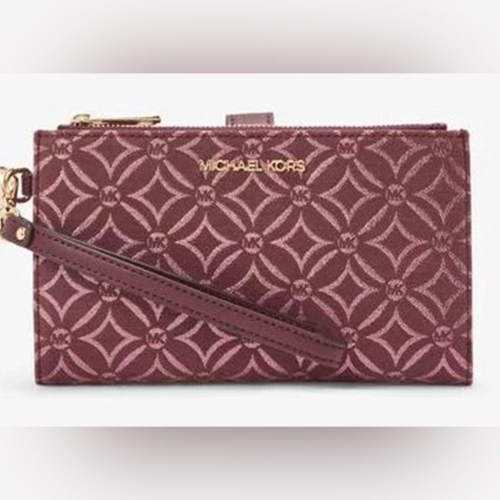 Michael Kors Jet Set Travel LG Double Zip Wallet Graphic Logo MK Oxblood Multi